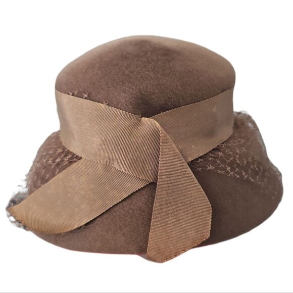 1950s Glenover Henry Pollack Wool Hat Mocha Brown Veil Bridal Vintage Millinery - Picture 5 of 12